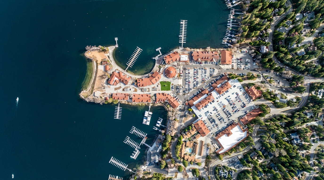 Aerial view of Lake Arrowhead Village and marina
