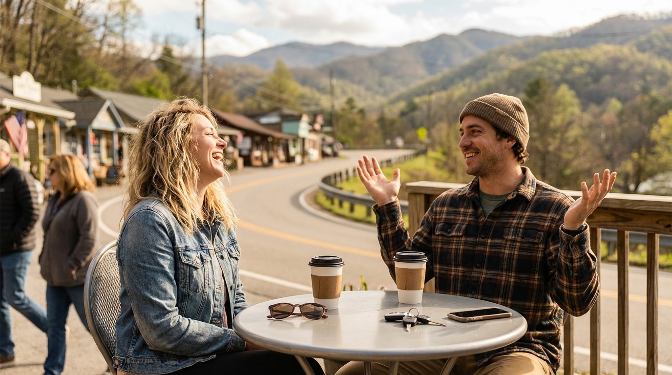Spring morning in the San Bernardino Mountains — outdoor cafe life returns to the Rim