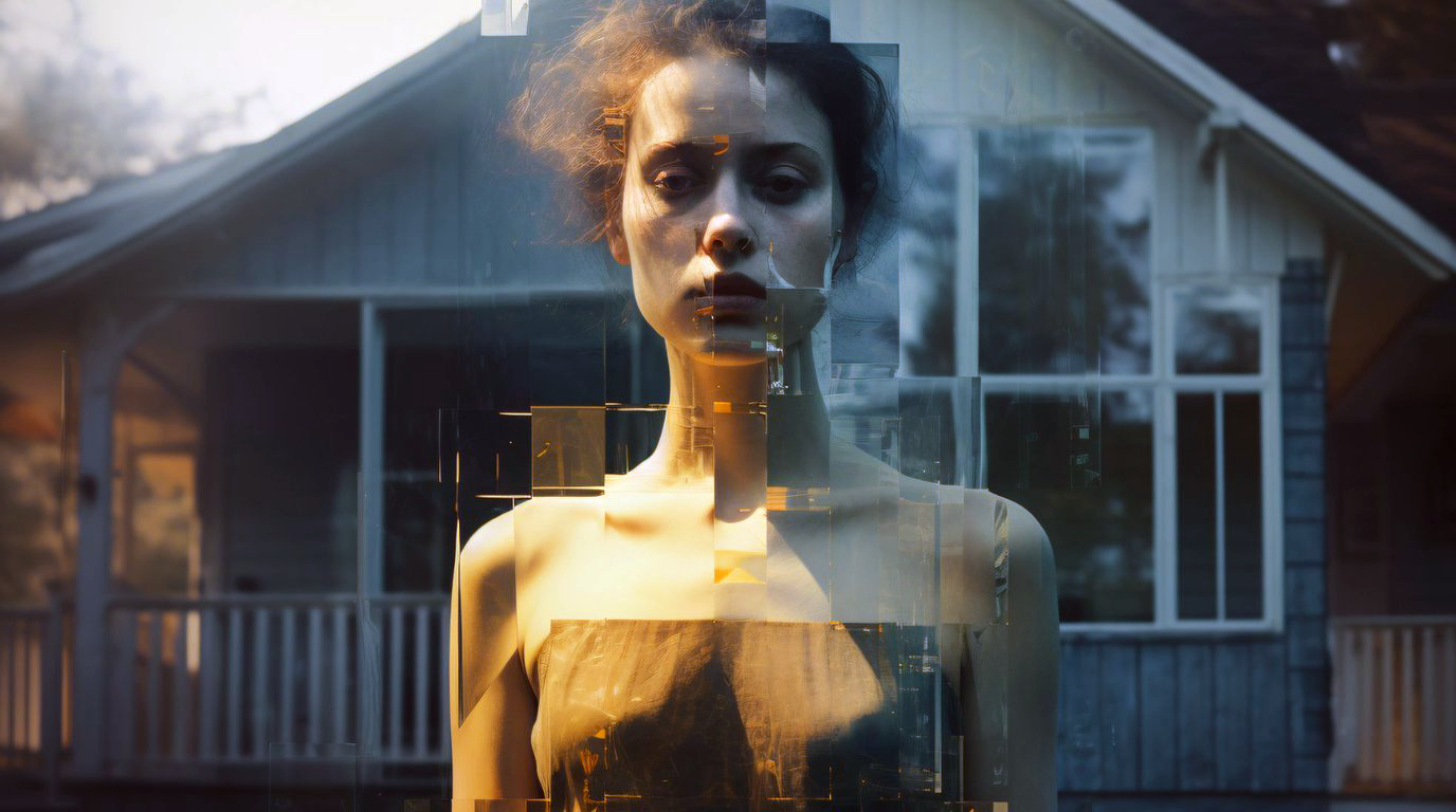 A woman fragmented by digital distortion stands before a house, caught between the human and the synthetic