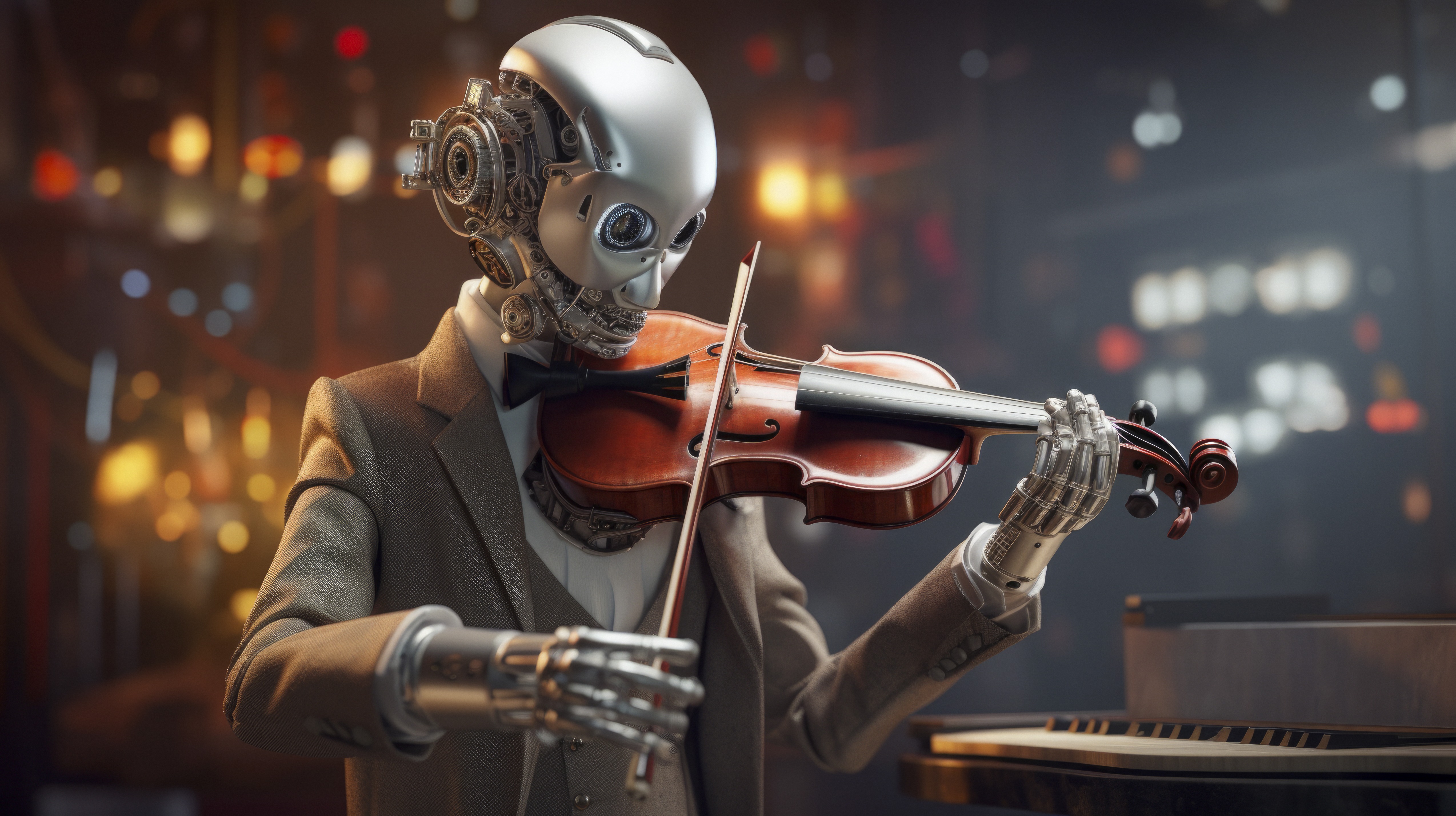 A humanoid robot in a suit playing a violin